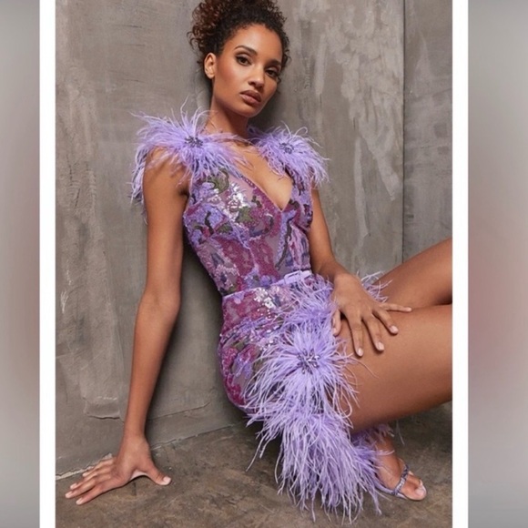 NADINE MERABI Dresses & Skirts - Nadine merabi Purple sequin dress with feather trim and beading